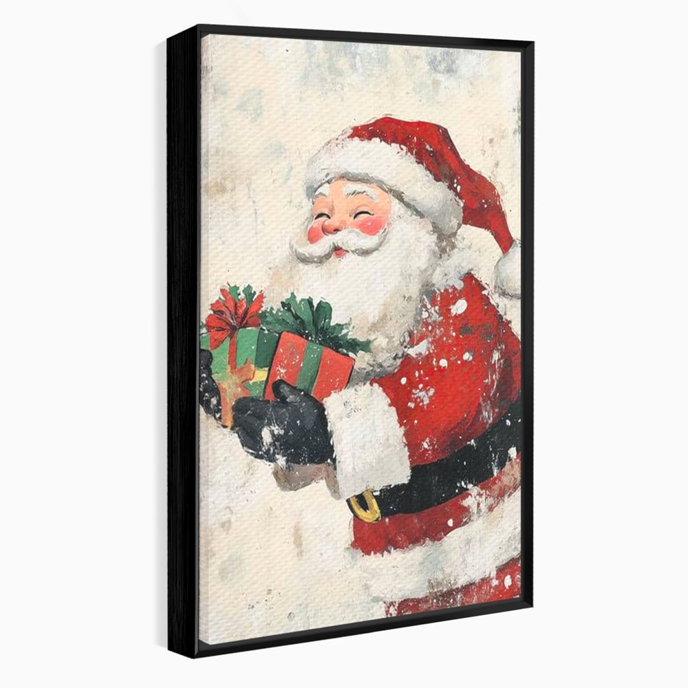Tablou canvas cu ilustratie vintage cu mos craciun, in rama de aluminiu negru